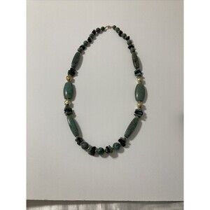 Green Black Gold Round Oval Faux Stone Long Beaded String Bohemian Necklace